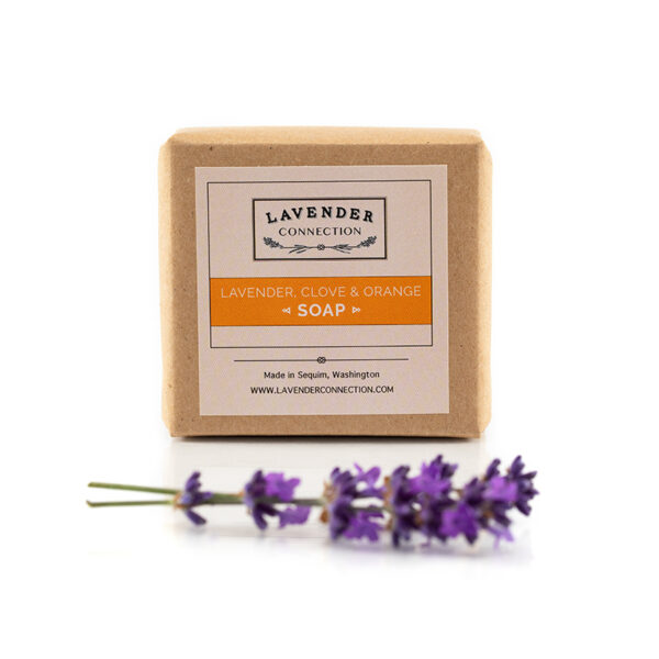 square soap, Lavender Clove & Orange scent, wrapped in kraft paper with label