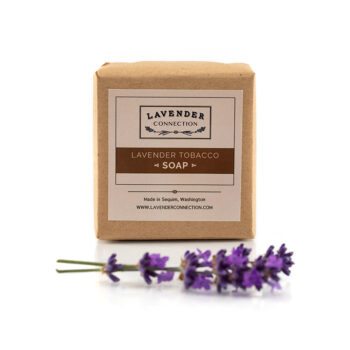 square soap, Lavender Tobacco scent, wrapped in kraft paper with label