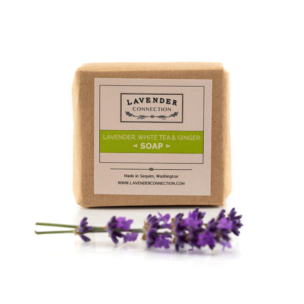 square soap, Lavender White Tea & Ginger scent, wrapped in kraft paper with label